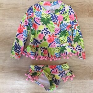 Nicole Miller New York Tropical Colorful Girl’s Swim Set Pom-Pom Trim Rash Guard